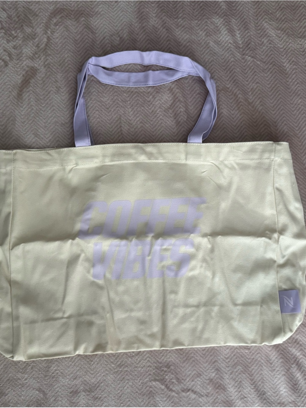 NWT Nespresso Lavender-Accented Cream Tote Bag with 'COFFEE' Print